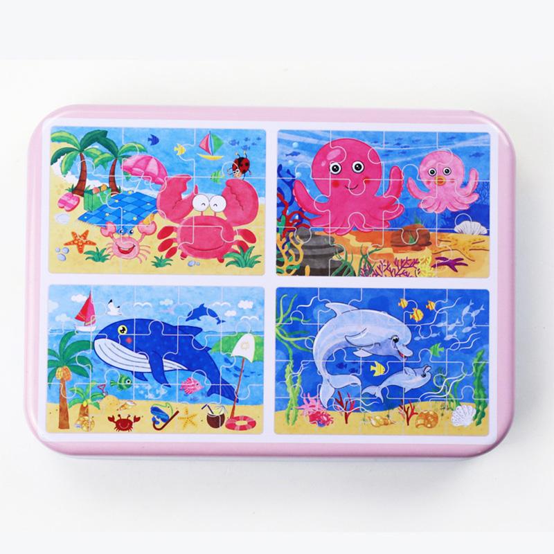 Kindergarten Children Wooden Puzzle 9/12/15/20 Pcs 4 in 1 Cartoon Animal Jigsaw with Iron Box Kids Educational Toy