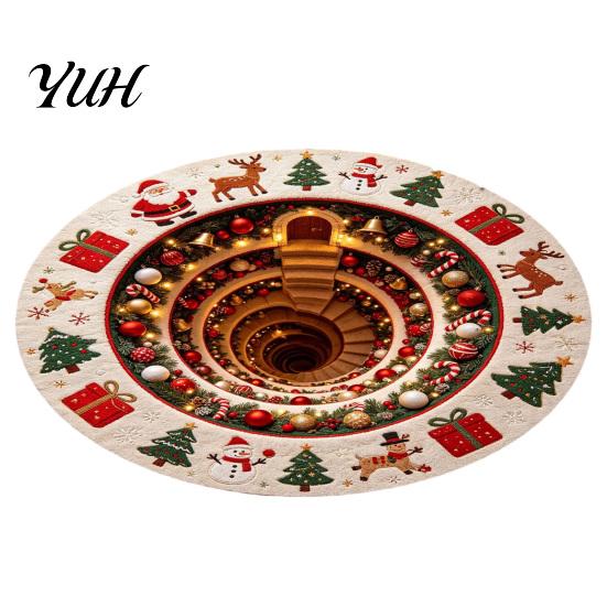 Cozy Indoor Holiday Decorations Christmas Round Area Rug, 3D Visual Trap Floor Mat with Santa Elk Print, Claus Print Rugs Non-Slip Stain Resistant