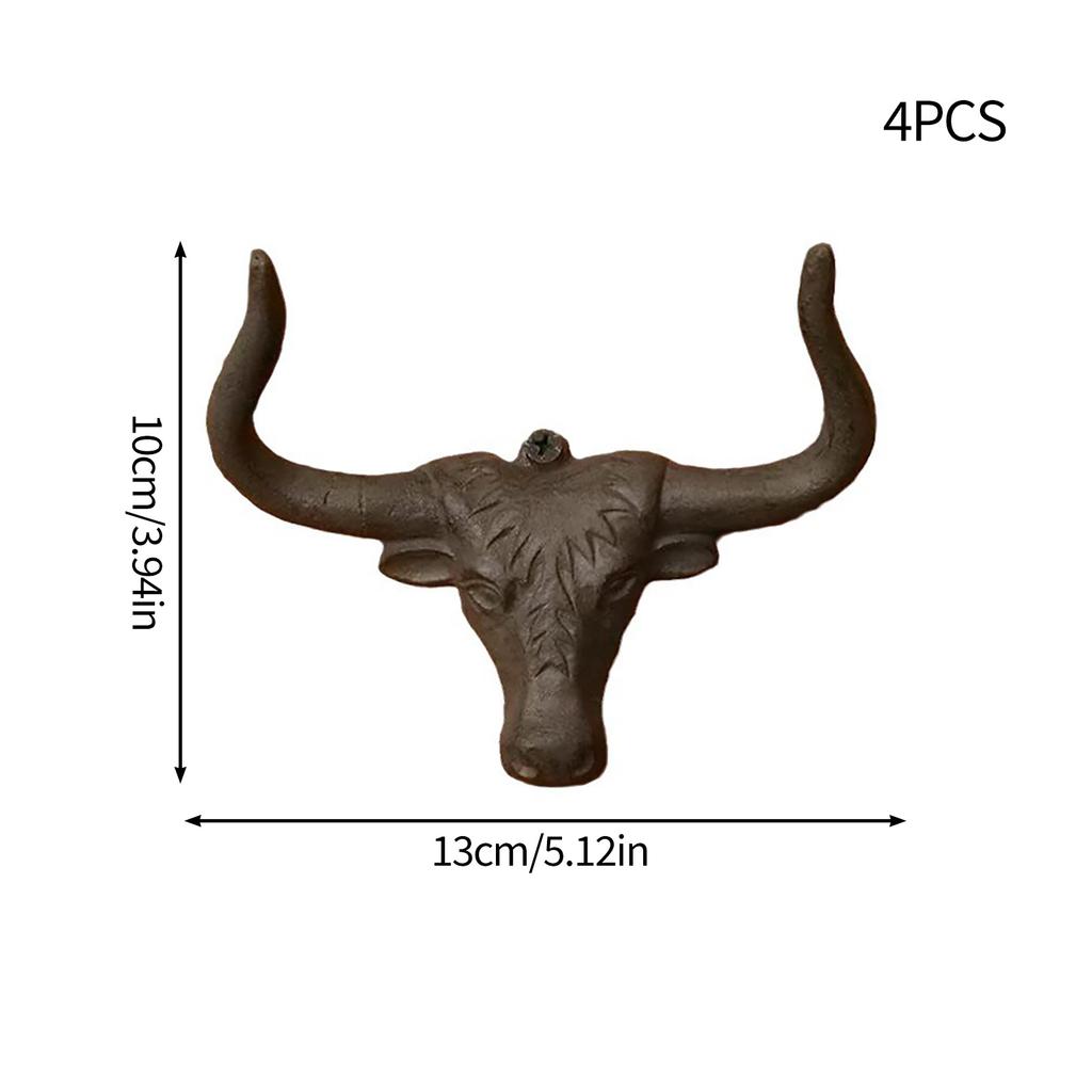 4pcs Cast Iron Bull Head Hooks Vintage European Style Metal Wall Hangers for Home Decor