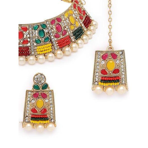 Adorable Unique Stylish Rani Pink Stone Studded With Pearls Choker Necklace Set For Women