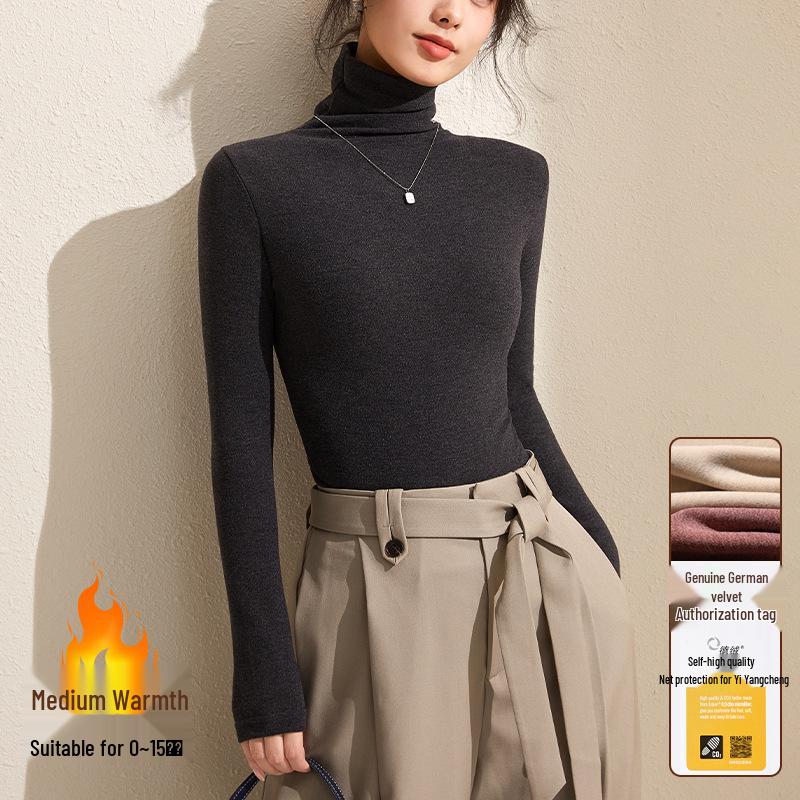 Women's Gray Winter High-Neck Base Layer Shirt - Thick, Warm, Stylish Plus Velvet Inner Wear