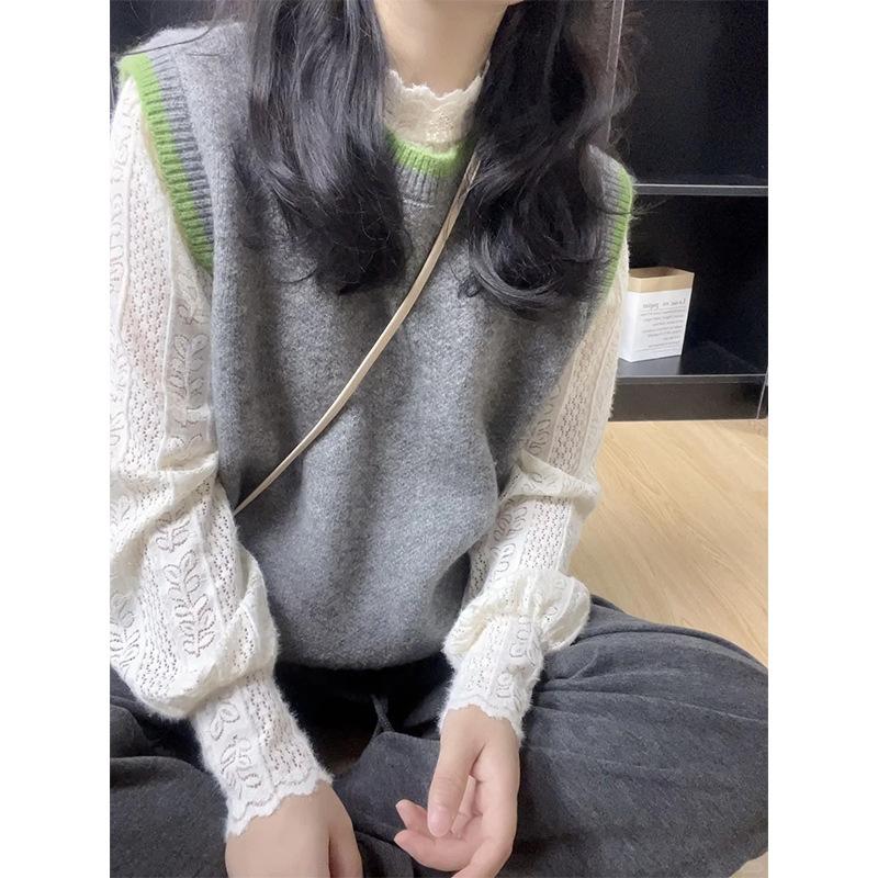 Spring semi-turtleneck chic lace inner with long-sleeved women's top retro niche cream apricot bottoming shirt