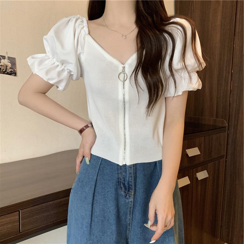 High-waisted Short Navel V-neck Bubble Sleeve Zipper Versatile Tops Design Sense Niche Tight Sexy Short-sleeved Summer Casual Slim Fit Pullovers Tees