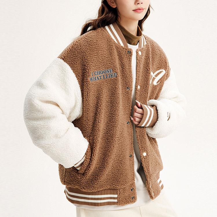 Anta Lifestyle Series Letter Print Color Block Single Breasted Lamb Fleece Thick Jacket Unisex Jacket Mocha 952348706-1