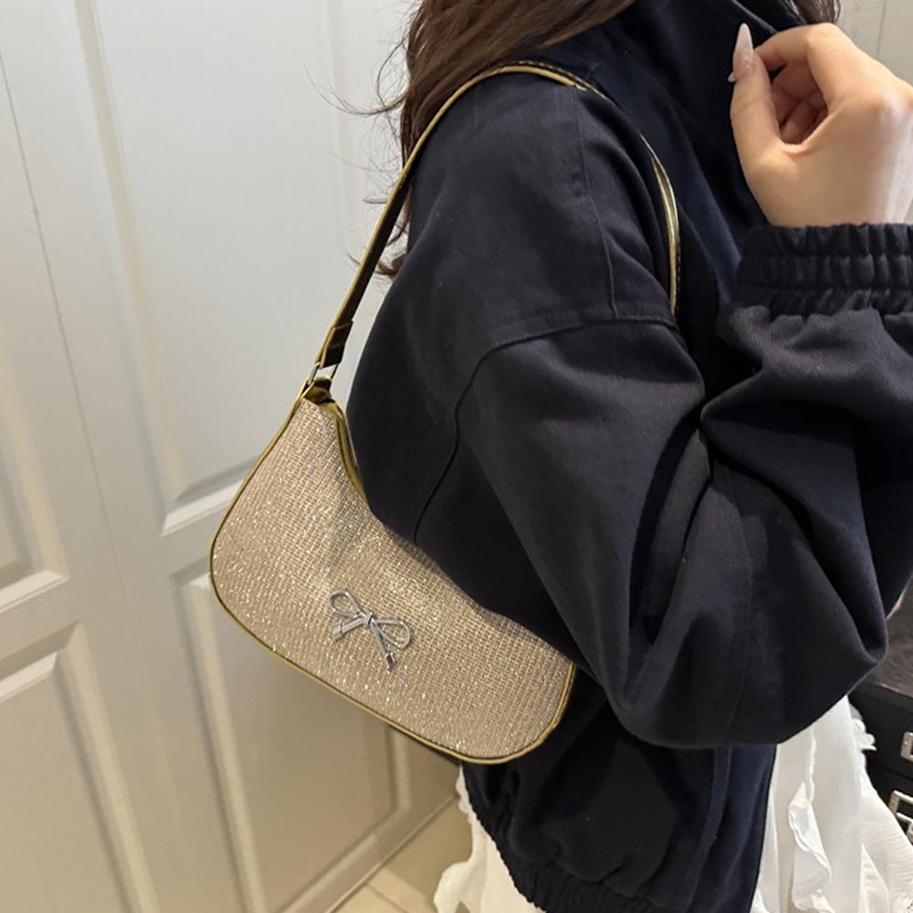 Shiny Underarm Tote Bag Solid Color Women Handbag Fashion Bowknot Shoulder Bag  Girls
