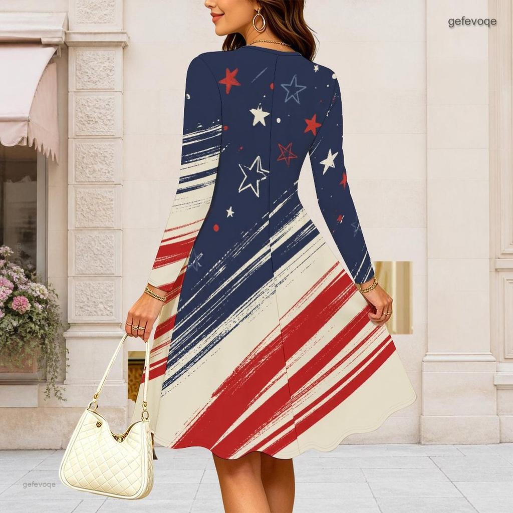 Women Plus Size Round Neck Long Sleeve Midi Dress Glitter Star Fireworks Swirl Print High Waist Swing Dress