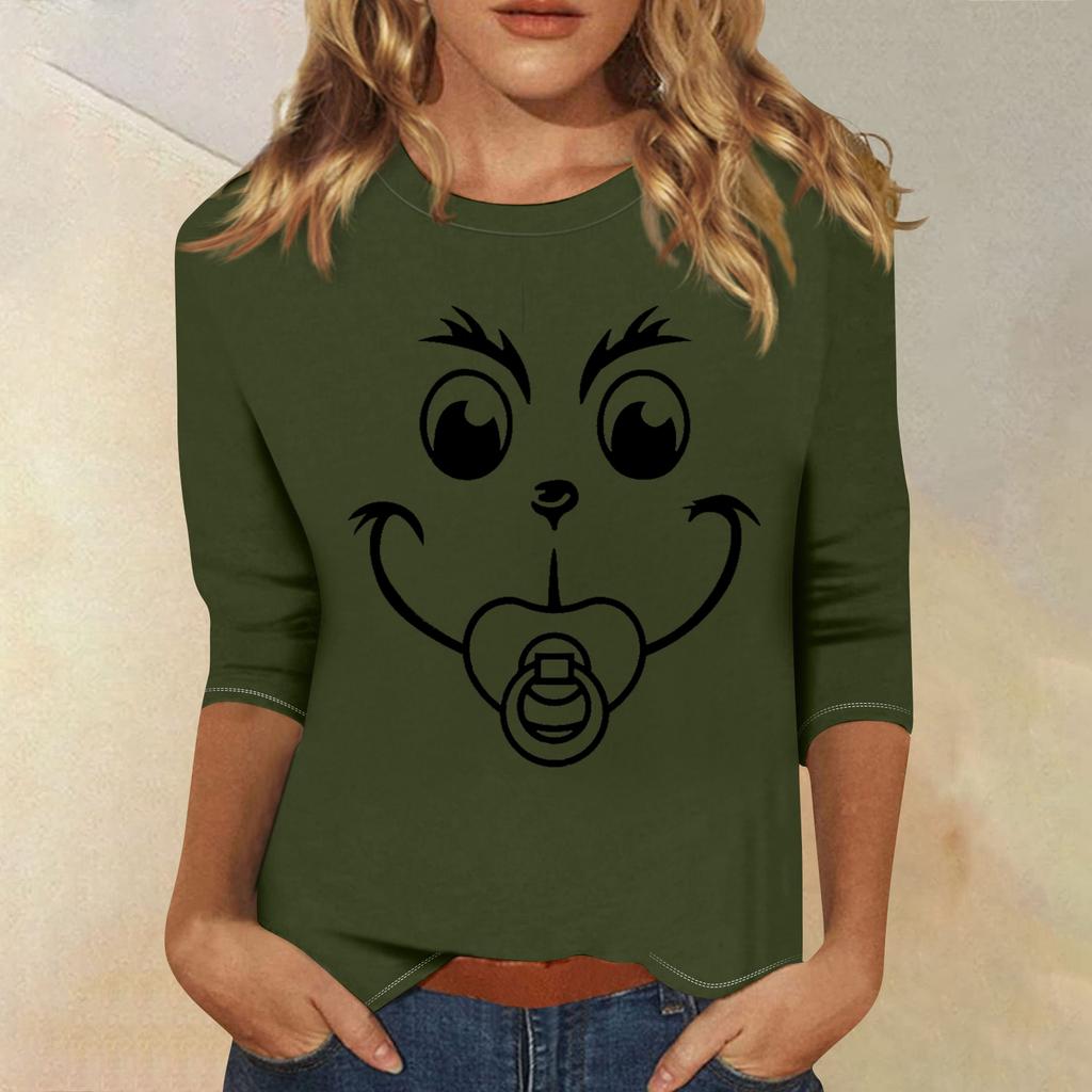 3/4 Sleeve Tops For Women T-Shirt Casual Christmas Print Tops T Shirt Round Neck Pullover Blouse