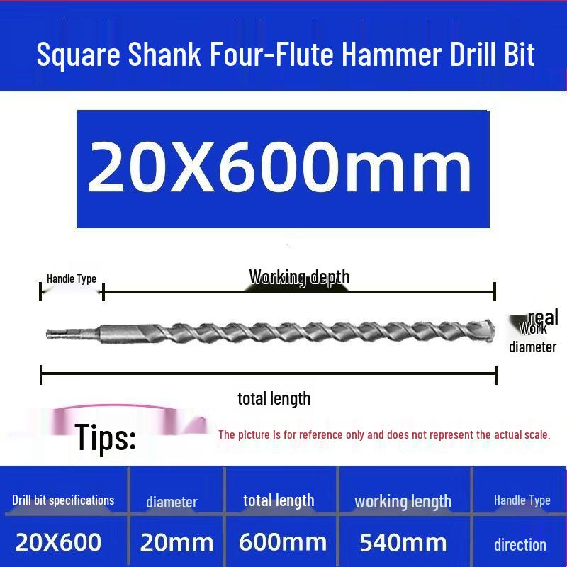 Extended Electric Hammer Drill Bit, Square & Round Shank, for Concrete Piercing - Available in 500mm to 2m Lengths