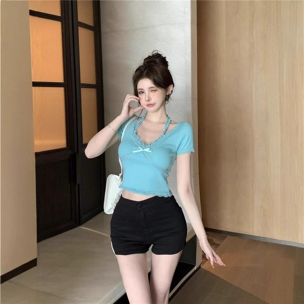 New Pure Desire Wind Lace V-Neck Neck Summer Slim Short Sleeve Bow T-Shirt Top Women's Clothing