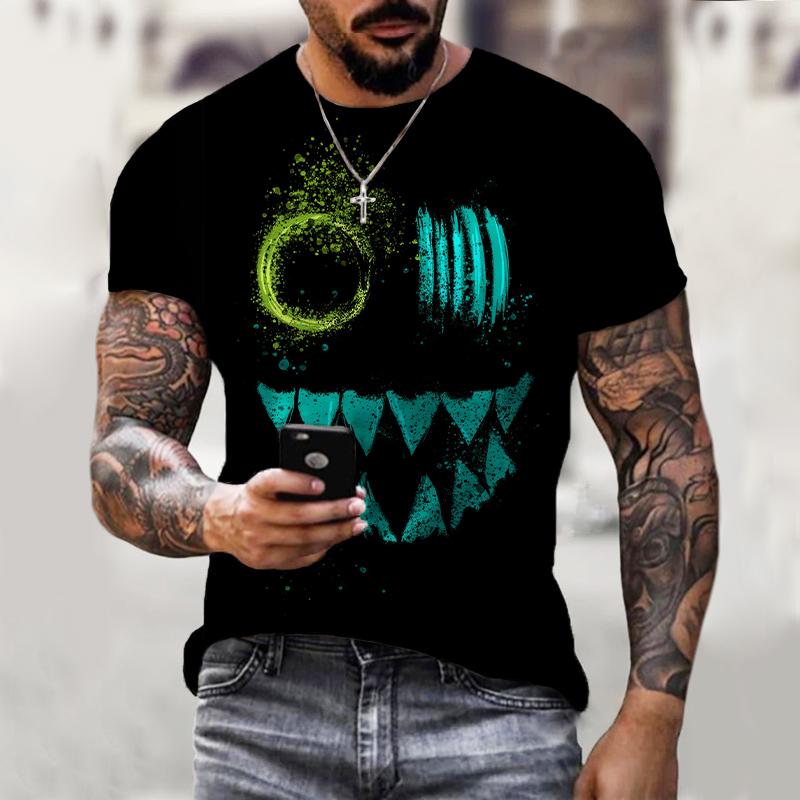 Summer Round Neck 3D Cartoon Monster Graphic Print Top Fashionable Casual Hip Hop Short Sleeved Men's T-shirts