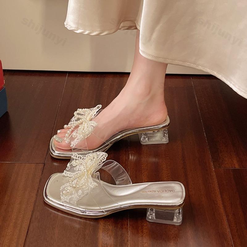 Fashion Elegant Women's Pearl Bowtie Sandals Summer 2025 Thick High Heels Jelly Slippers Woman Square Toe Lace Beaded Gladiator Shoes