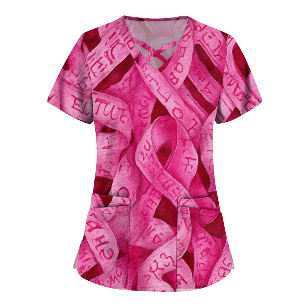 Dámská móda V-výstřih Krátký rukáv Kombinézy Kapsa s dvojitou vrstvou Tištěná trička Oblečení