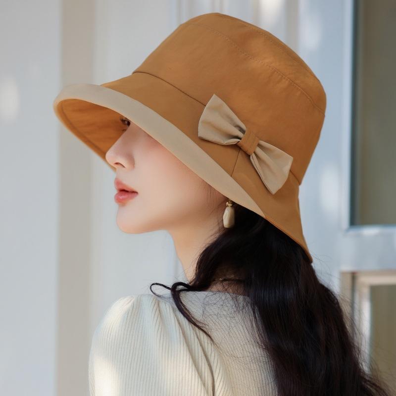 New anti-ultraviolet outdoor bow bucket hat foldable windproof travel elegant basin hat