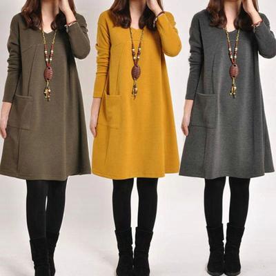 Women Autumn Dress Crew Neck Loose Solid Color Pullover Patch Pocket Keep Warm Womens Clothing Plus Size Lady Winter Dress for Work