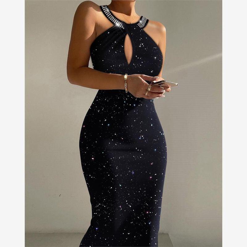 Mesh Patchwork Hot Drilling Dress Rhinestone Contrast Mesh Bodycon Dress
