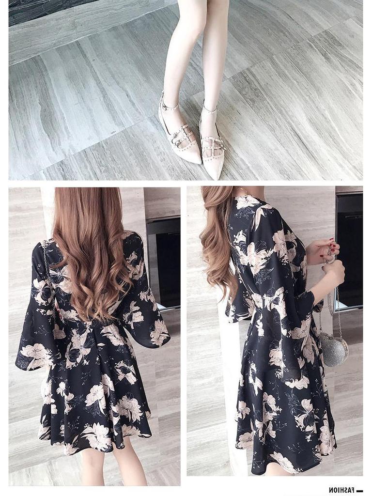 Trendiges Sommer 2019 Blumenmuster Schlankmachendes Koreanischer Stil Kleid für Frauen und Studentinnen