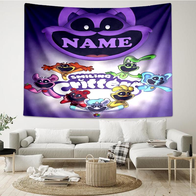 Custom Name Smiling Critters Print Tapestry, Backdrop, Easy Setup, Ideal for Bedroom, Office & Living Room, with Aesthetic Wall Hanging Decor.