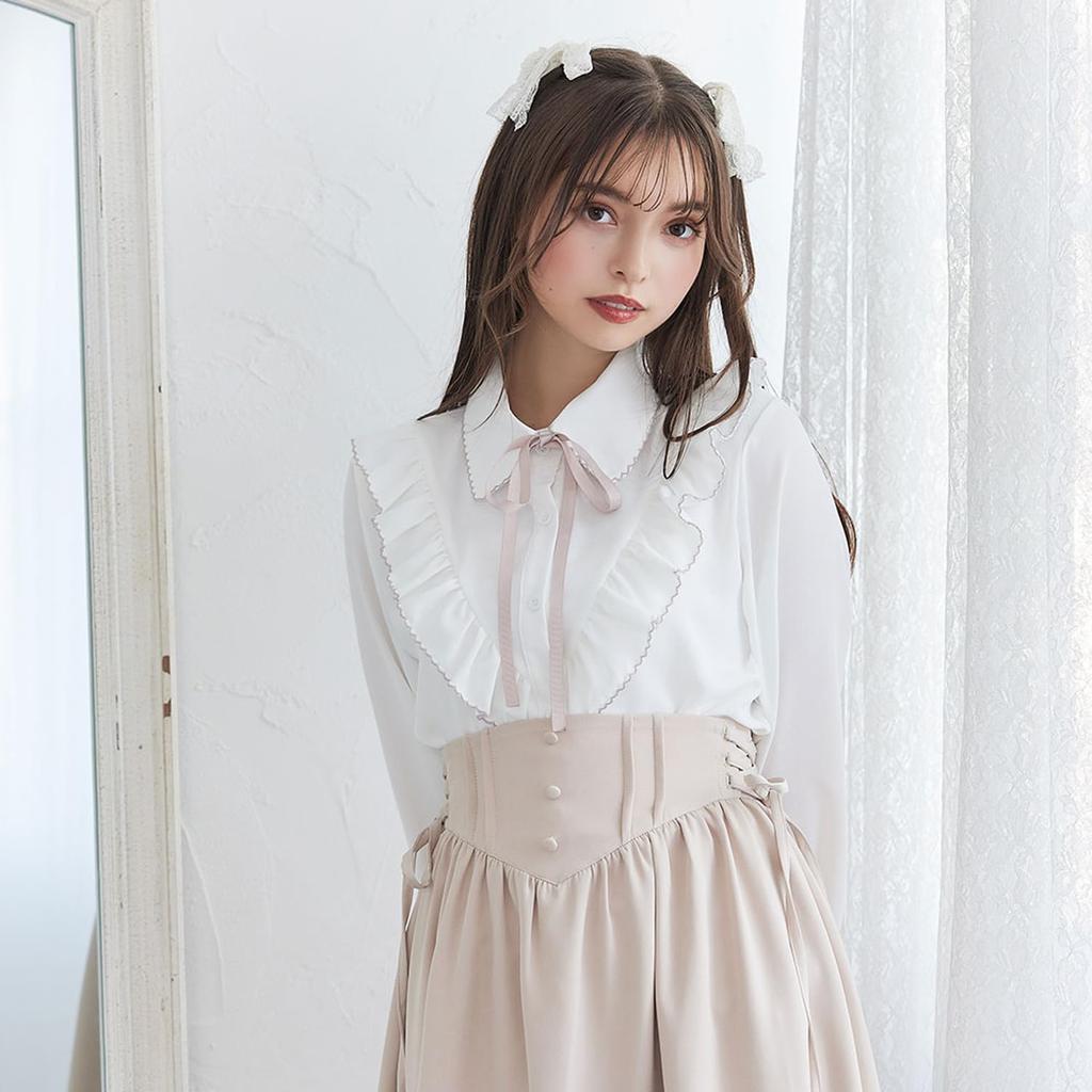 Dear My a ruffled shirt blouse for available in white and Love, classic, elegant, women, black. Yumetenbo.