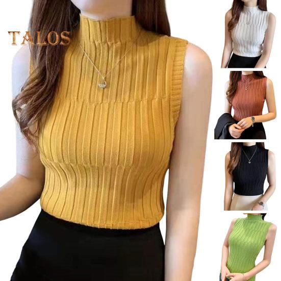 Women Summer Bottoming Vest Half High Collar Sleeveless Knitting Tops Slim Fit Solid Color Tank Tops Streetwear