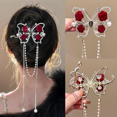 Versatile Clip a Forma di Farfalla con Nappa e Rosa Intrecciato per Capelli da Donna con Perle e Strass Clip per Capelli Raffinata Moda Parte Posteriore della Testa Clip per Capelli a Forma di Rosa