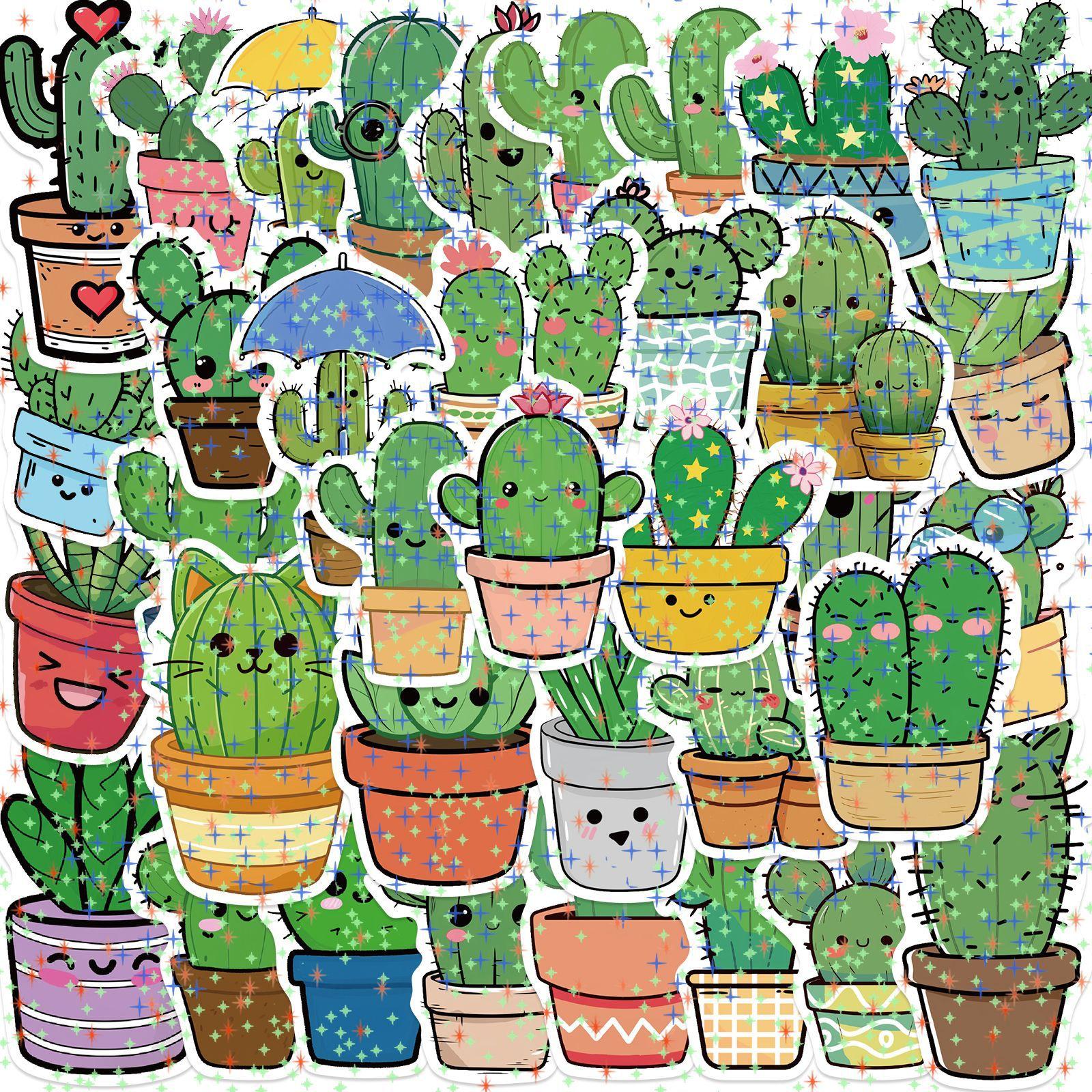 

50PCS Cute Cactus Graffiti Star Glitter Stickers for Kids Laptop Mobile Luggage Scrapbook Skateboard Creative Decals