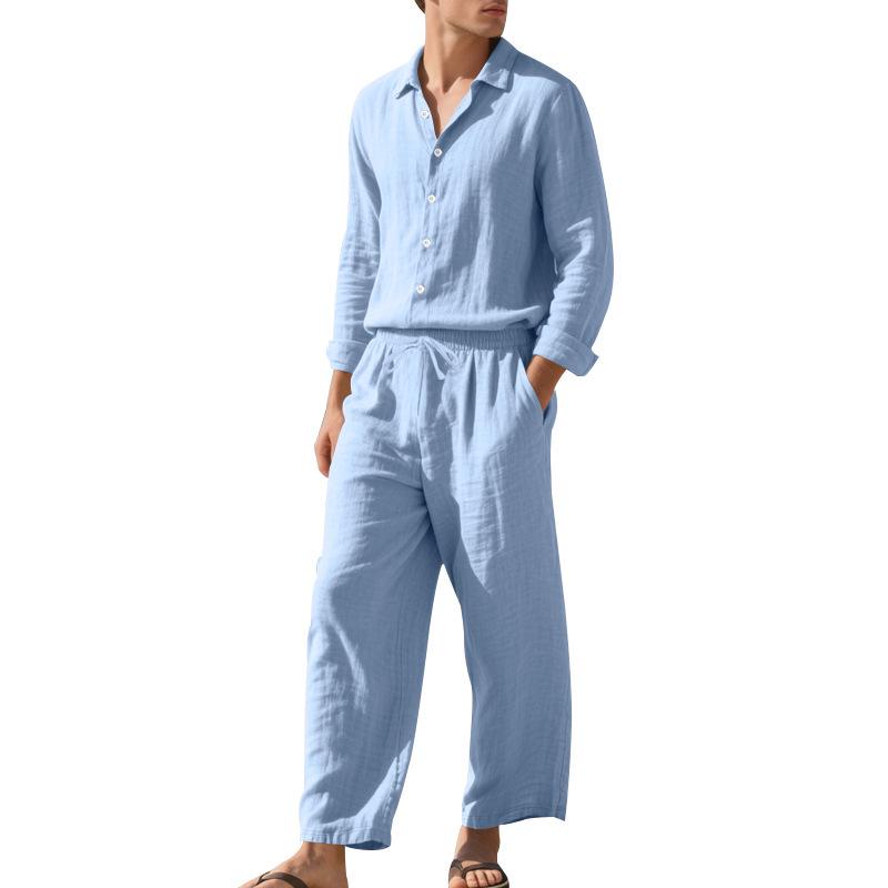 European & American Men's Breathable Cotton Linen Long Sleeve Shirt & Trousers Set