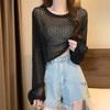 Loose lantern sleeves short hollow blouse women's summer tulle mesh candy color sweet round neck long-sleeved knitted sweater