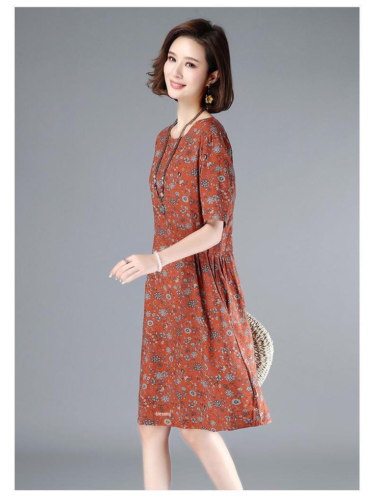 2025 Women's Summer Floral Cotton-Linen Mid-Length Slimming Dress