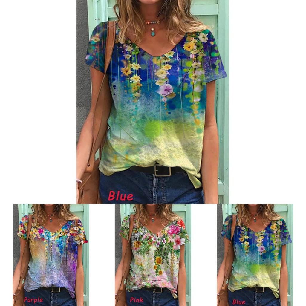 Stylish Womens V Neck Short Sleeve Blouse Soft Casual Baggy Floral T-shirt Tunic Tops