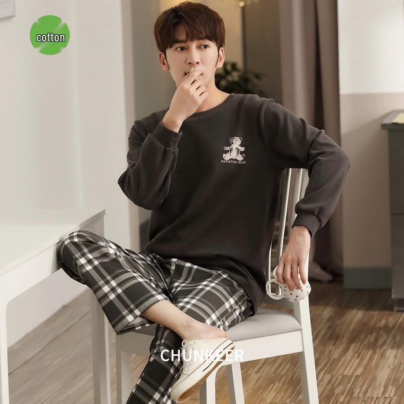 

Pure Cotton Men s Plus Size Long-Sleeve Pajama Set for Spring & Autumn XL
