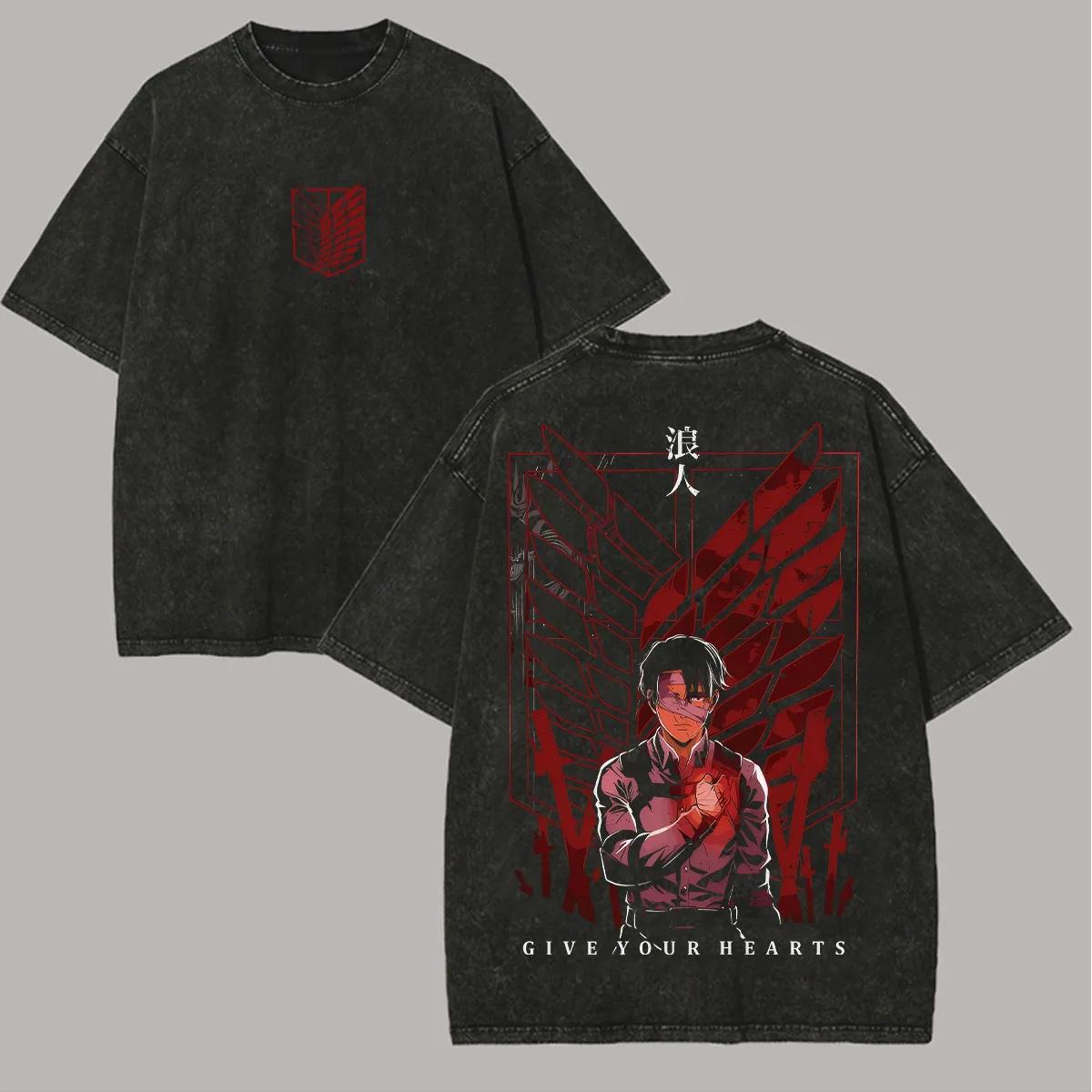 

Anime Attack Titan Retro Wash Printed T-shirt Mikasa Ackerman Eren Jaeger Free Wings Pattern Men s T-shirt 3XL
