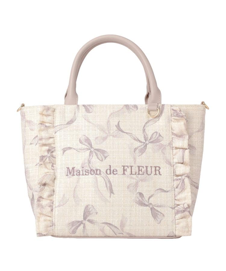 Maison de FLEUR Tweed Ribbon Print 08001143100 2-Way Bag, Medium, Blue, F, Handbag,