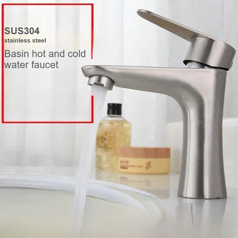 Wash basin sink 304 stainless steel hot and cold faucet brushed single handle single hole bathroom basin faucet