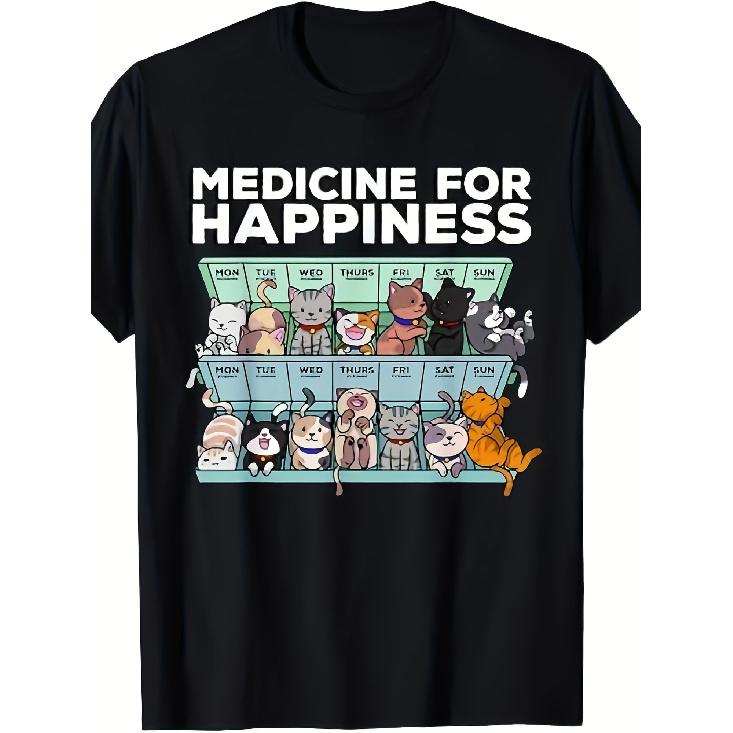 Medicine For Happiness Cat Design T-Shirt - Black Tee Featuring Cute Cartoon Cats by Day of the Week, Stylish Casual Crew Neck T-Shirt, Perfect Gift S чёрный