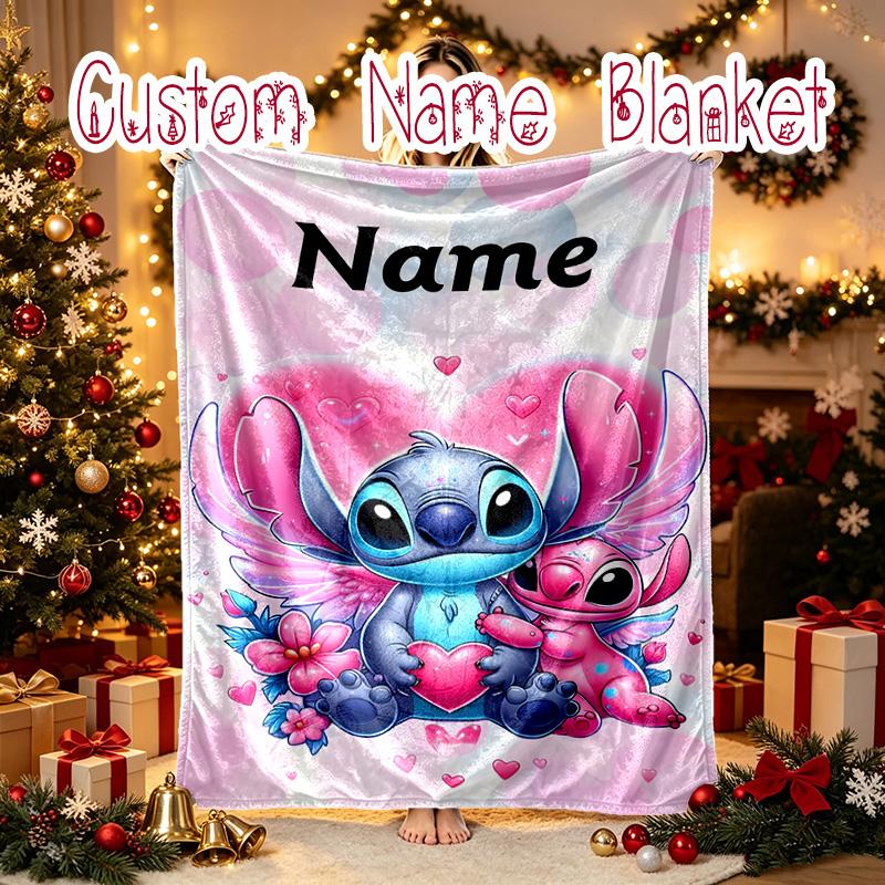 [Stitch Heartfelt Letter Blanket] Custom Name Throw Blanket for Bed Sofa, Holiday Gift Blanket for Family and Friend