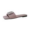 Wearing square head one-word drag rhinestone square buckle middle heel sandals women's summer new thick heel fashion slippers tide