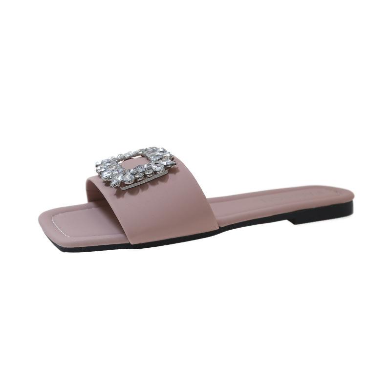 Wearing square head one-word drag rhinestone square buckle middle heel sandals women's summer new thick heel fashion slippers tide