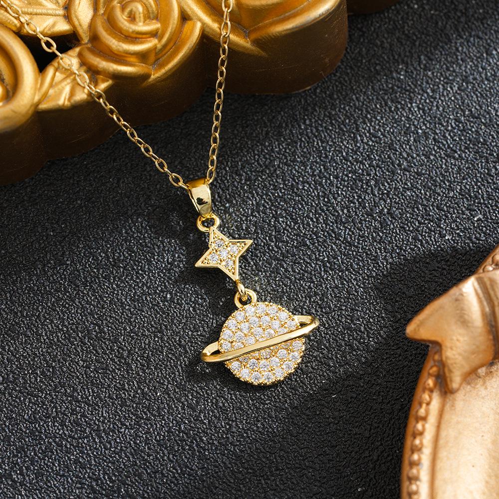 Elegant Titanium Steel Diamond Planet Necklace for Women: Clavicle Chain with Luxurious Feel, Popular Online Accessory.