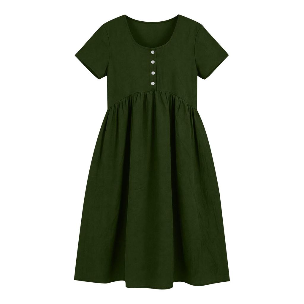 Women's Fashionable Color Cotton And Linen Round Neck Short Sleeved Pocket Casual Loose Beach Vacation Dress