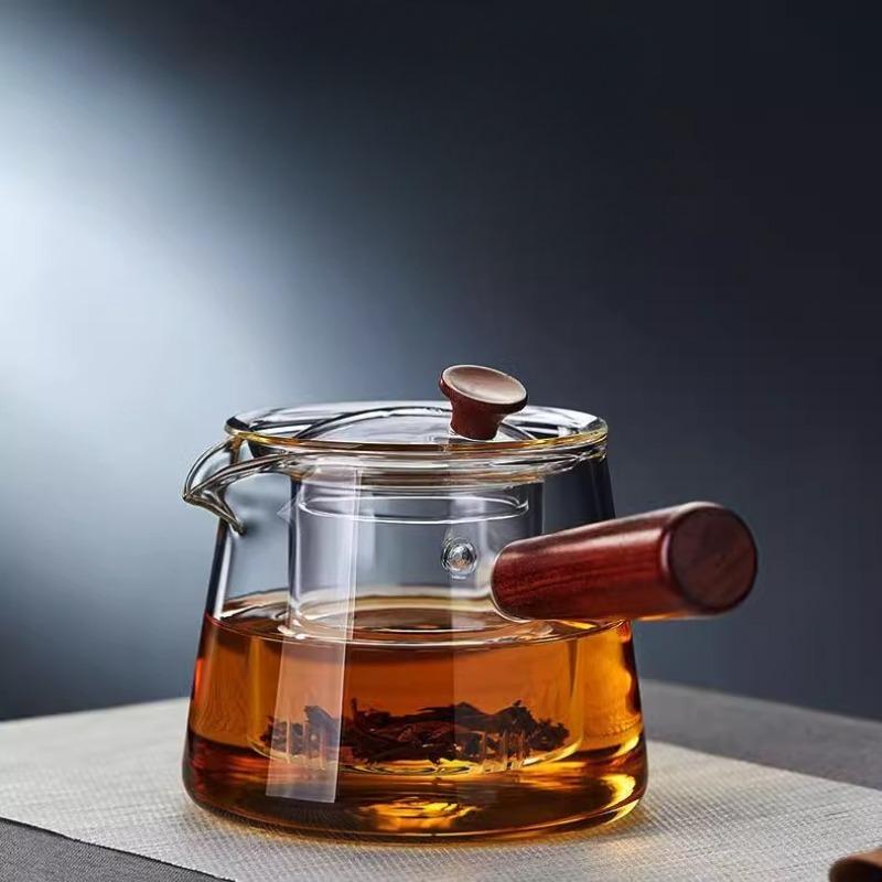 CMGF-Tea Kettle, Side Handle Glass Tea Kettle, Thickened High Temperature Resistant Tea Cooker Tea Kettle with Wooden Handle
