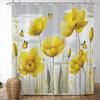 Vintage Grey Yellow Floral Shower Curtain,Retro Tulip Flower Shower Curtains For Bathroom Spring Butterfly Abstract Bath Curtain