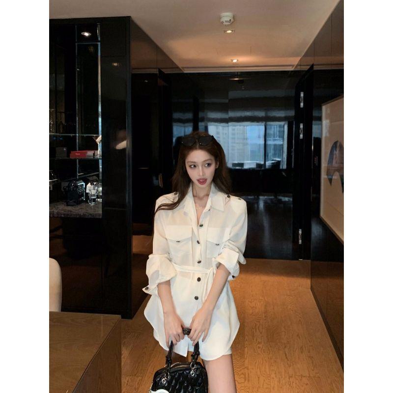 Elegant Old Qian Style Polo Collar Long Sleeves Shirt Women's Autumn Loose Cinched Blouse Niche Style White Mid-Length Tops