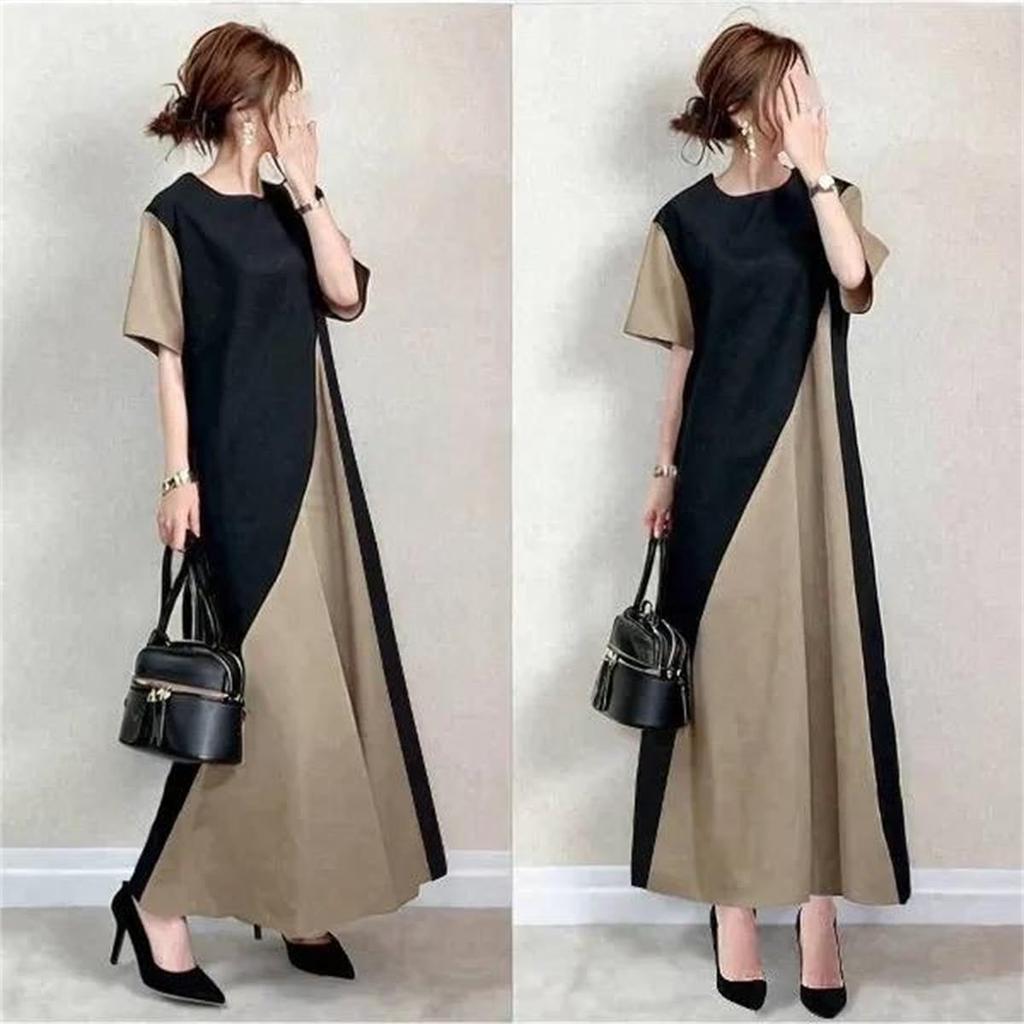 YUANYUAN Summer Don King Short Long Round High Loose Perfect for Summer Women's Color-Matching Dress, Dress, Sleeves, Length, Neck, Waist, A-Line,