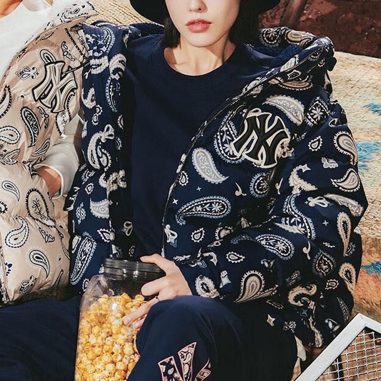 MLB FW22 Cashew Print Zipper Drawstring Hooded Down Jacket Short Unisex Jacket Deep-Navy 3ADJI0126-50NYD