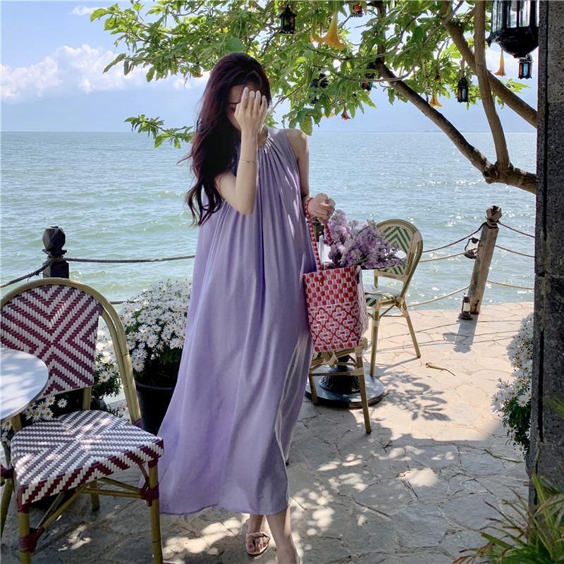 Summer New Sleeveless Casual Loose Purple Dress Women Fashion Plus Size A Line Beach Vacation Dresses Women Solid Pleated Round Neck Long Dress 26368