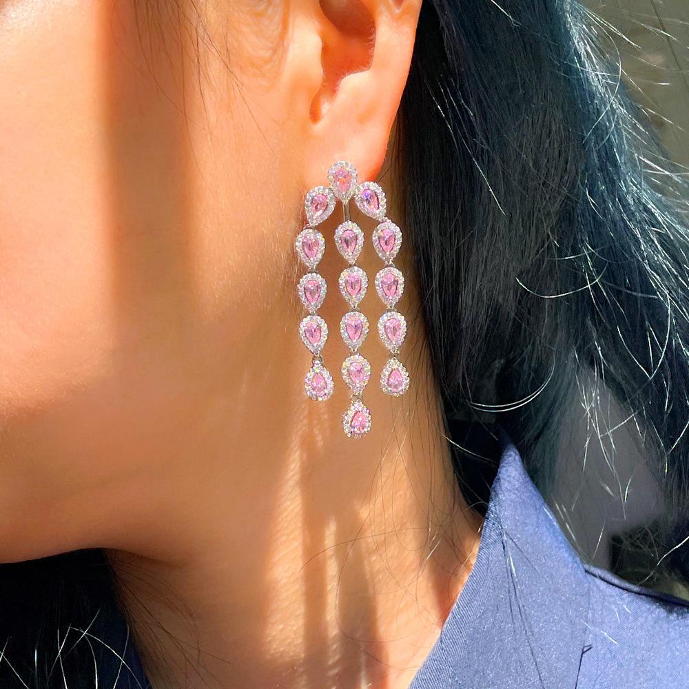 Needle Temperament Earrings Heavy Industry Micro-Inlaid Zircon Pink Diamond Water Drop Earrings Fringed Earrings