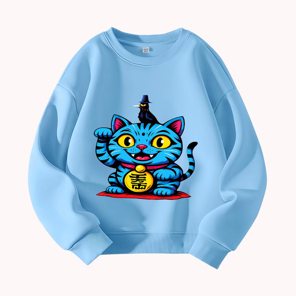 KPop Demon Hunter Lucky Blue Cat Sweatshirt Animal Print Casual Pullover Streetwear Unisex