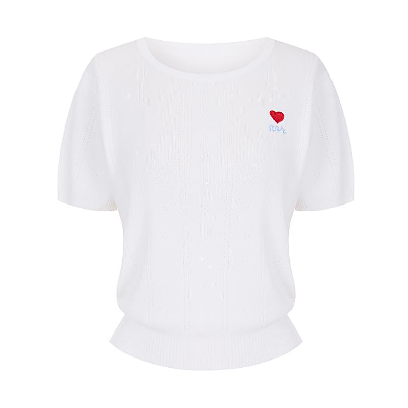 SELLY'S Red Heart Embroidered Punched Short Sleeve Knit_I6B-Ckn006