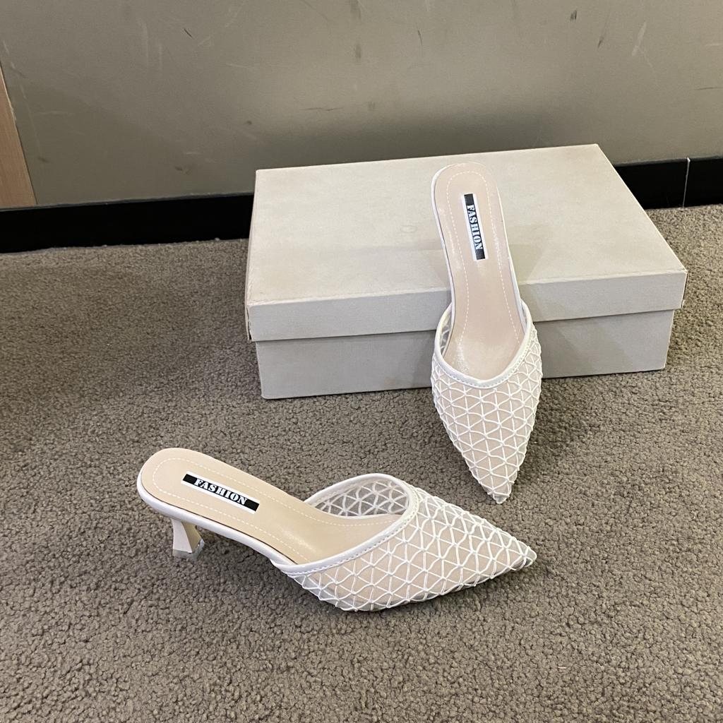 Women Mesh High Heels Temperament Slipper Female Summer Pointed Toe Party Thin Heeled Slippers Ladies Brand Design Slip on Shoes