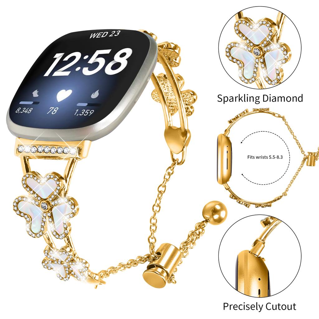 Metal Band Heart Clover Decor For Fitbit Versa 3/Sense Watch Bracelet Replacement
